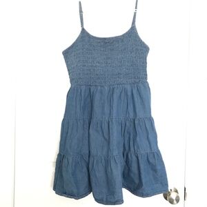 Bluenotes 100% Cotton Chambray Smocked Tiered Mini Dress XL Pockets Denim